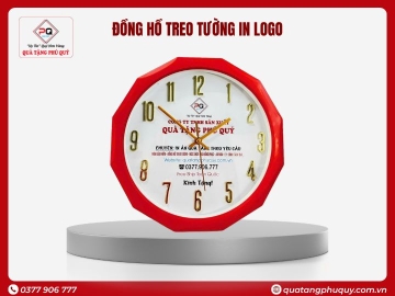 ĐỒNG HỒ TREO TƯỜNG IN LOGO ĐA GIÁC VIỀN NHỰA SƠN ĐỦ MÀU 12 SỐ NỔI 32CM