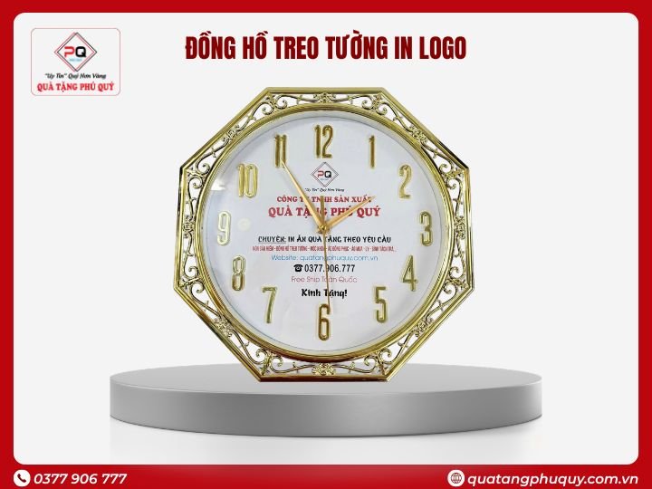 ĐỒNG HỒ TREO TƯỜNG ĐA GIÁC HOA VĂN VIỀN XI VÀNG 12 SỐ NỔI 32CM