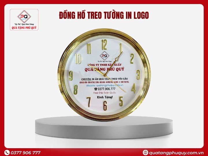ĐỒNG HỒ TREO TƯỜNG IN LOGO TRÒN VÂN SI VÀNG 12 SỐ NỔI 35CM