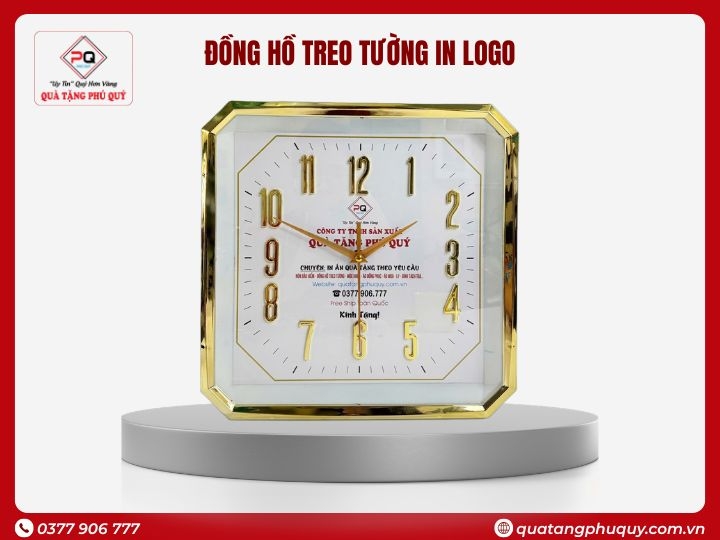 ĐỒNG HỒ TREO TƯỜNG IN LOGO VUÔNG VIỀN XI VÀNG 30CM SỐ NỔI 