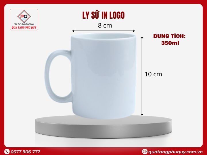 LY SỨ QUÀ TẶNG IN LOGO TRẮNG HÌNH TRỤ QUAI C 350ML