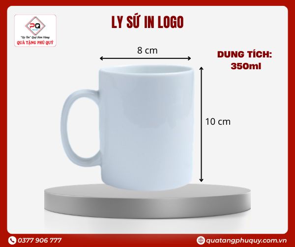Kích thước ly sứ quà tặng in logo trắng hình trụ quai C 350ml